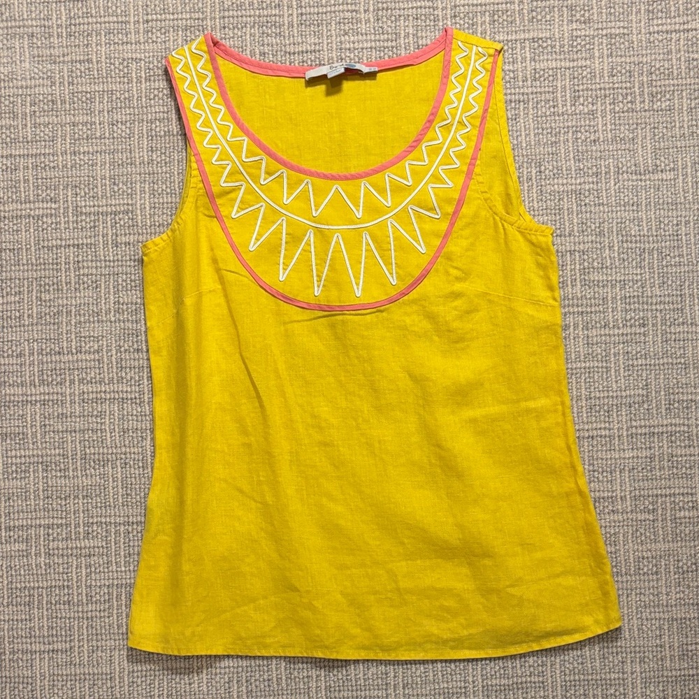 Boden Yellow Sleeveless Embroidered Scoop Neck Linen Top